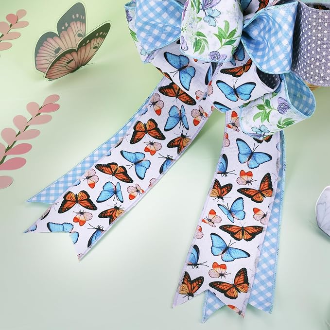 LaRibbons Double Faced Butterfly Wired Ribbon 2 Rolls 2.5 Inch x 12 Yards TTL, Blue and Purple Burlap Spring Ribbon with Plaid and Polka Dot Printed for Crafts Wreath Gift Wrapping Bow Decoration