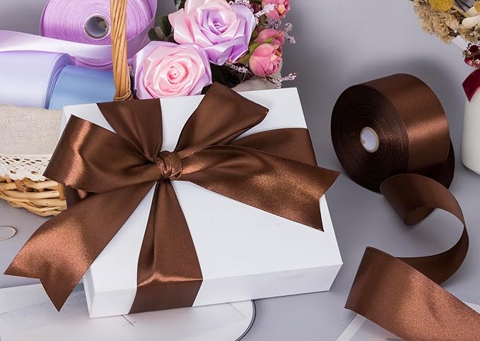 YASEO 2 Inch Brown Solid Satin Ribbon, 50 Yards Craft Fabric Ribbon for Gift Wrapping Floral Bouquets Wedding Party Decoration