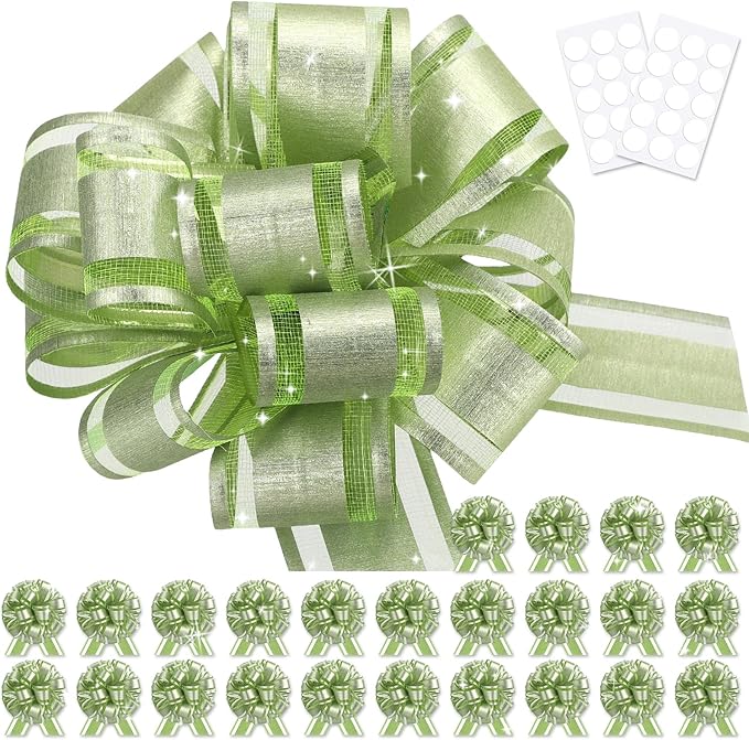 24pcs Light Green Pull Bow for Gift Basket Wrapping Xmas Gift Bows Presents Adhesive Wrap Ribbon Bow for Christmas Tree Bottles Bouquet Flower Valentine's Day Party Decor (Light Green-G)