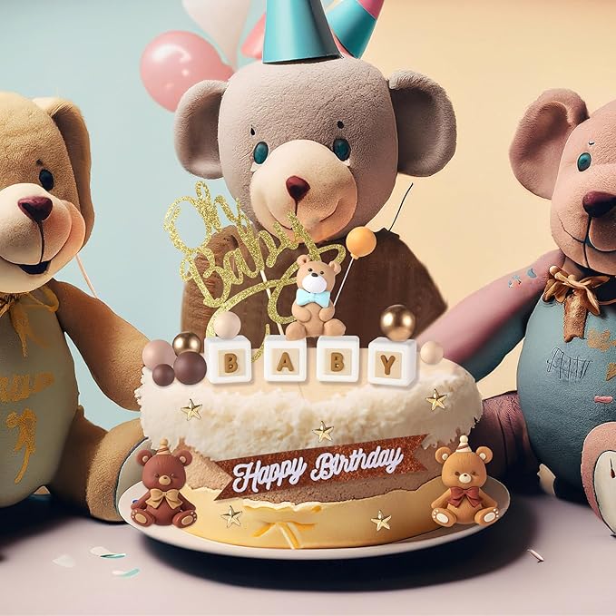 Beeveer 42 Pcs Bear Balls Cake Toppers Bear Cake Decorations Brown Candle Decorations Supplies for Birthday Party Wedding Baby Shower