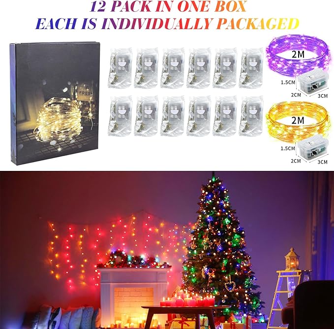 ZGWJ 12 Pack Battery Powered Fairy Lights, Mixed Colors 7Ft 20 Mini LED Silver Wires, 3 Modes for DIY, Party, Wedding, Bedroom, Halloween Christmas Decoration (Warm Purple)