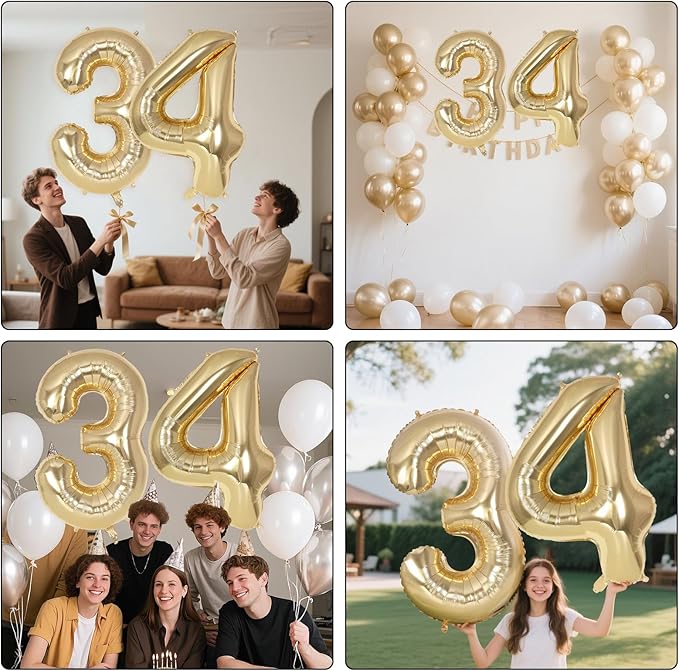 Champagne Large Number 34 Balloon, 40 Inch Light Gold Foil Helium Number Balloons, Giant Mylar Number 34 Balloons for 34 Years Old Birthday Party Anniversary Decorations (Champagne Gold 34)
