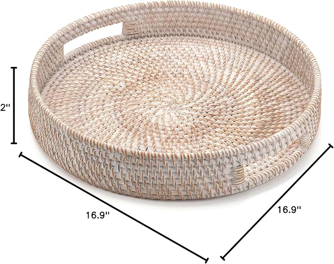 16.9" Round Rattan Tray, Hand Woven Serving Tray with Handles, Wicker Serving Basket, Decorative Tray for Home Decor, Whitewash