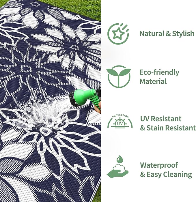 GENIMO Outdoor Rug Waterproof for Patio Decor, 6' x 9' Reversible Plastic Straw Floral Camping Carpet, Large Area Rugs Mats for RV, Camper, Deck, Balcony, Porch, Beach, Picnic, Blue & White