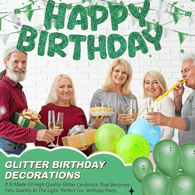 Fulmoon Glitter Pre Strung Happy Birthday Banner No DIY Party Decorations Happy Birthday Sign Decor for Men Women Boy Girls Backdrop(Green)