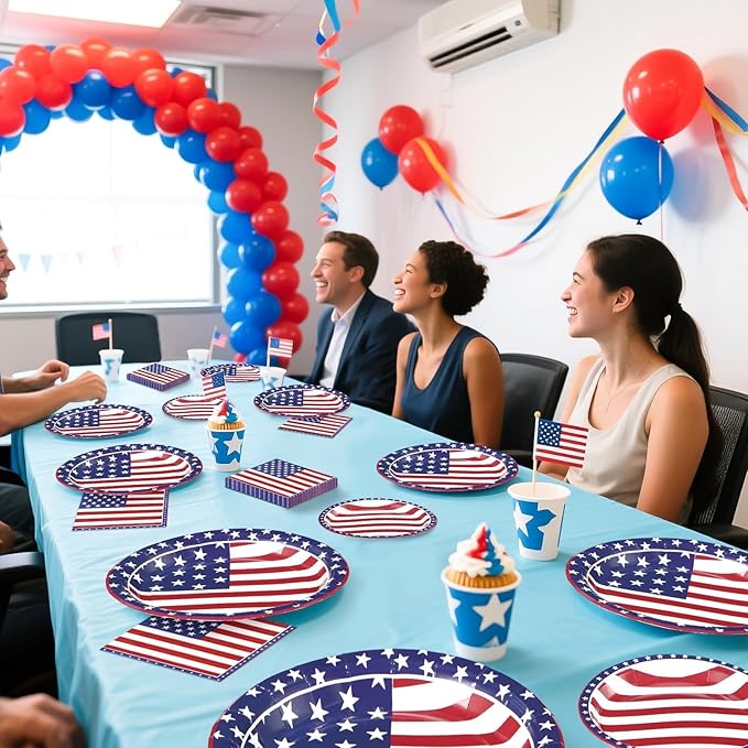 96Pcs 4th of July Patriotic Party Supplies Memorial Day Patriotic Paper Plates and Napkins US American Flag Disposable Tableware for 4th of July 250th Anniversary Party Decorations Serve 24