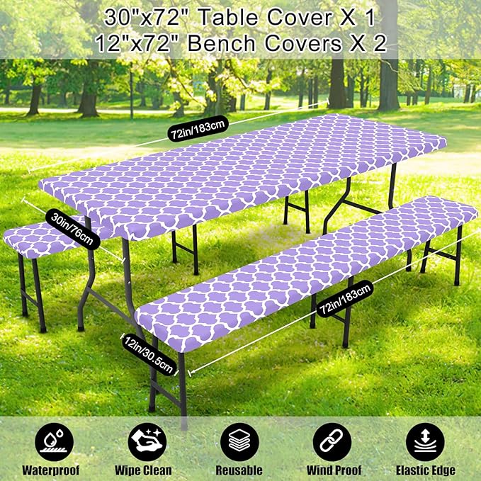 Smiry Picnic Table Cover with Bench Covers, Waterproof Elastic Fitted Tablecloth for 6 Foot Tables, Washable Polyester Tablecloths for Camping, Indoor & Outdoor (Lavender, 30x72 Inch 3-pc Set)