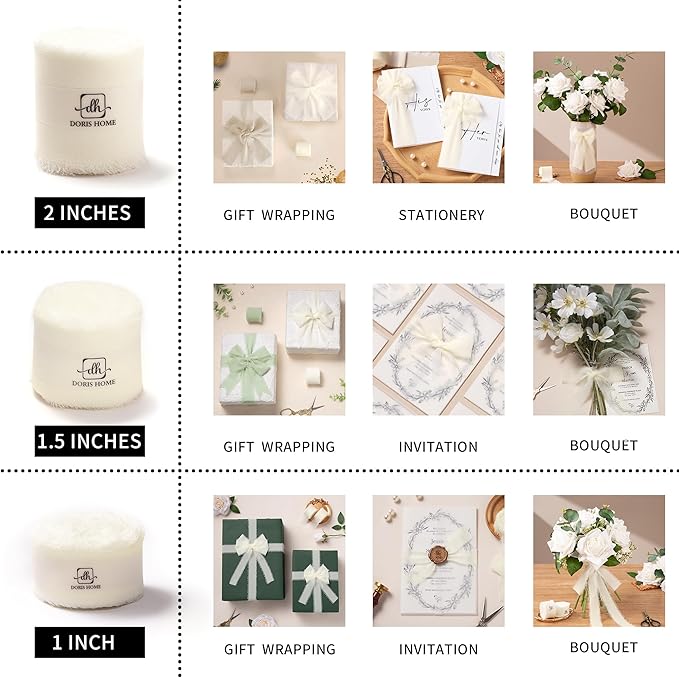 DORIS HOME Cream White Chiffon Ribbon for Flower Bouquet, 2" x21Yd Fabric Ribbon for Gift Wrapping, Handmade Frayed Ribbon for Wedding/Christmas Decorations