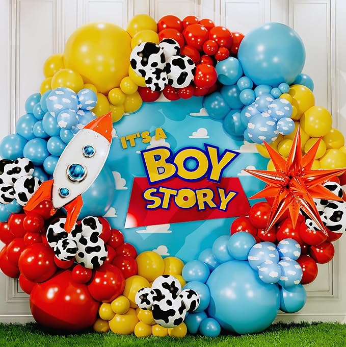 ALL-IN-1 Toy themed Balloons Arch Kit for It's A Boy Story Baby Shower Decorations – Boy Balloon Garland Kit with Cloud & Cow printed Balloons for First Toys Birthday Party Supplies