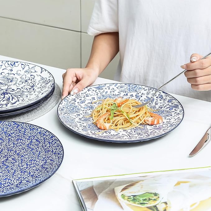 KitchenTour Ceramic Dinner Plates, 10.5 Inch Large Salad Plates Set of 4, Serving Plates for Dessert, Pasta, Steak, Dishwasher and Microwave Safe