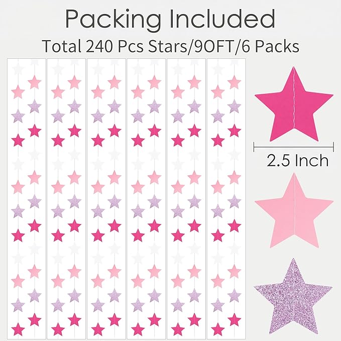 Glitter Pink, Rose Red & Pink White Iridescent Star Garland 90FT, 240pcs Hanging Glitter Star Banner Backdrop for Birthday, Baby Shower, Wedding & Christmas Party Decorations (6 Packs)