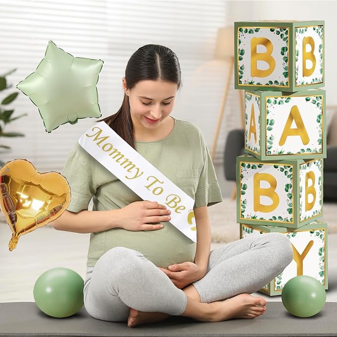 Sage Green Neutral Baby Shower All In One Set - 4 Balloon Boxes, 12 Tableware Sets with Disposable Plates, "OH BABY" Balloons, Tablecloth & Cake Toppers