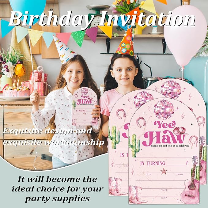 Retro Disco Birthday Party Invitations, Pink Cowboy Theme Birthday Invitation for Girls, 20 Pink Dance Disco Invitations Cards with Envelopes, Party Decorations Supplies (arch)