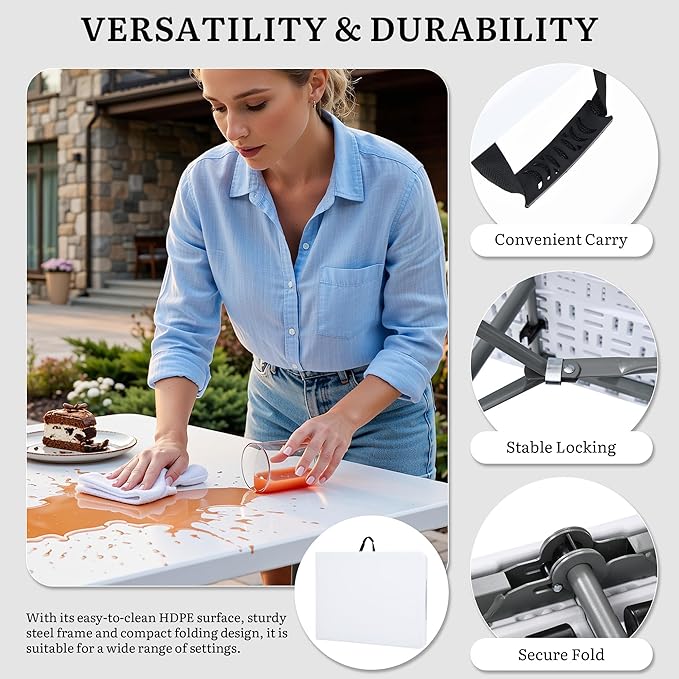 YITAHOME 6ft Folding Table w/1.5" Thick Tabletop Heavy Duty, Portable Outdoor Folding Table w/Carrying Handle for Camping Picnic Parties/Indoor Events, White