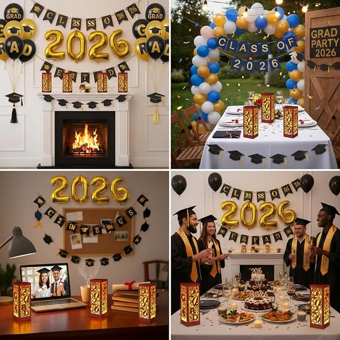 Rossesay 6 Pcs Graduation Table Centerpieces Boxes Class of 2026 Graduation Lanterns for Centerpieces with LED Candles Congrats Grad School College Photo Props for Party Table Decoration (Chestnut)