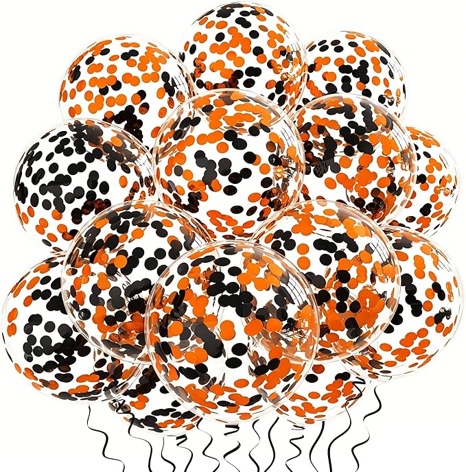 Orange Black Confetti Balloons 25 Pcs, 12 Inch Thickened Clear Latex Balloon with Confetti Inside for Halloween Party Decorations Birthday Baby Shower Bridal Shower Decoration Supplies