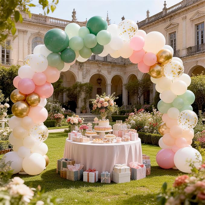 Sage Green and Pink Balloons, Dusty Green Pastel Pale Pink Light Orange Ivory White Metallic Gold Balloon with Confetti Balloon for Boho Birthday Party Baby in Bloom Flower Baby Shower Tea Decorations