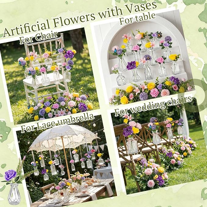 36 Pcs Artificial Flowers Table Centerpiece with Vases Spring Colorful Wildflower Centerpieces Silk Flower Arrangement for Wedding Baby Shower Table Centerpieces Party(Elegant Grace)