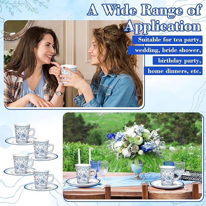 Whaline 80Pcs Blue White Floral Paper Tea Cups and Saucers Porcelain Chinoiserie Flower 9oz Disposable Teacups with Handle Dessert Plates for Wedding Baby Shower Birthday Spring Tea Party, Serves 40