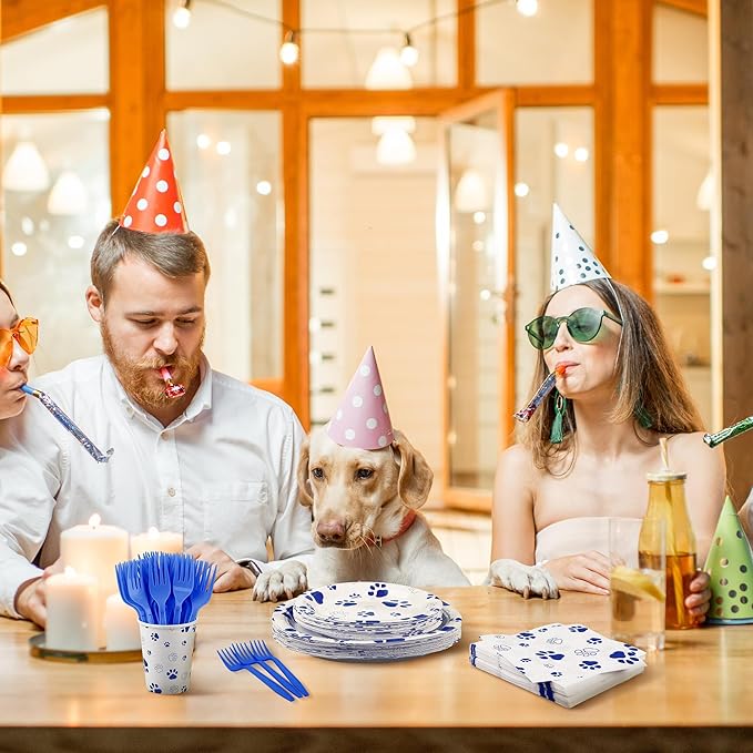 Kochorie 144 Pieces Blue Paw Print Party Tableware Sets Including Disposable Plates Napkins Cups Forks Serves 24 for Dog Puppy Theme Party Supplies