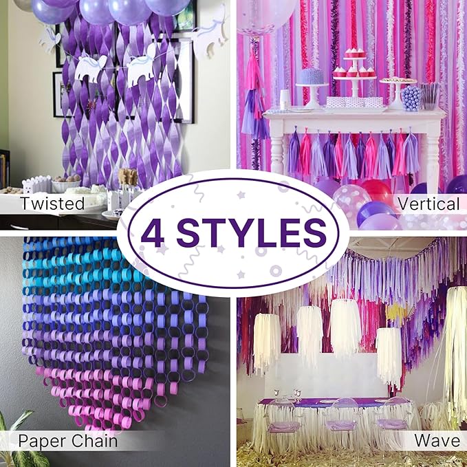 PartyWoo Purple Crepe Paper Streamers 4pcs 328ft Pack of Dark Purple Crepe Paper Streamers for Birthday Gender Reveal Baby Shower Bachelorette Graduation Princess Butterfly Theme Party Decorations