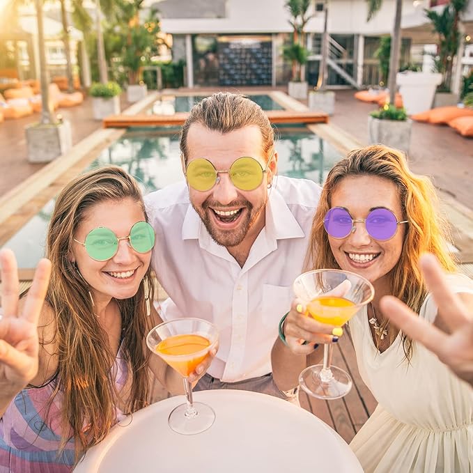 ONESING 8-20 Pairs Round Hippie Sunglasses Circle Sunglasses for Women Glasses Multicoloured Hippie Headband Disco Party