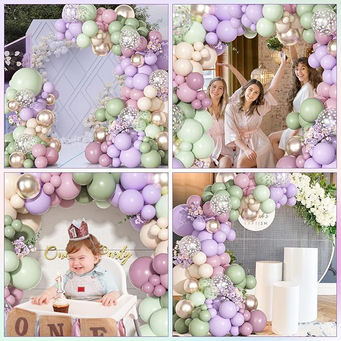Ouddy Party Dusty Green Purple Pink Balloons Garland Arch Kit, Different Sizes 18 12 10 5 Inch Pastel Mist Green Ivory Lavender Latex Confetti Balloon for Spring Birthday Baby Shower Party Decorations