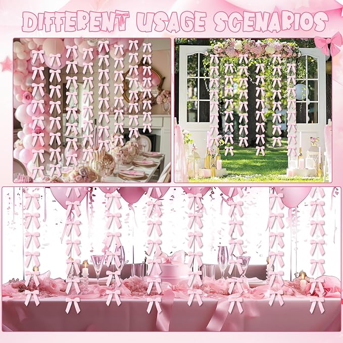 Taobary 8 Pcs 6.6 ft Bow Garland, Satin Ribbon Bow Banner Coquette Hanging Ornament for Photo Backdrop Birthday Party Wedding Bridal Baby Shower Wall Decorations(Pink,1 Inch)