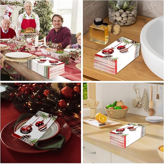 Christmas Guest Napkins Disposable, 100 Pcs Christmas Ornament Paper Napkins, Decorative Cocktail Guest Paper Hand Towels for Bathroom Home Kitchen Dinner Wedding Dining Table Xmas Holiday Decoration