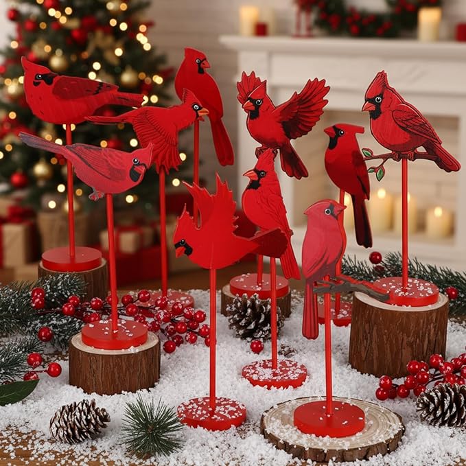 Geelin 10 Pcs Red Cardinal Decor Wooden Red Bird Decor Funeral Memorial Gift Remembrance for Family Friend Cardinal Figurines Ornament Tall Stand Block for Easter Craft Home Table Office Party