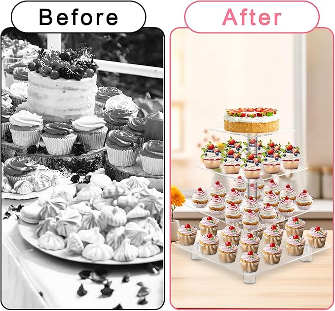 weddingwish Acrylic Cupcake Stand, 4 Tier Square Cupcake Display Stand with Base, Clear Cupcake Tower for Dessert Table,Wedding, Party, Baby Shower