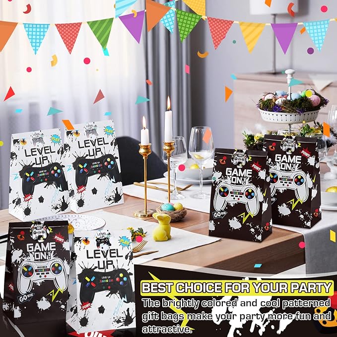 Geosar 30 Pack Video Game Party Favor Paper Bags Game on Goodie Candy Gift Bags with 30 Stickers Level up Reusable Goodie Treat Snacks Supplies for Boys Kids Gaming Birthday Party(White, Black)