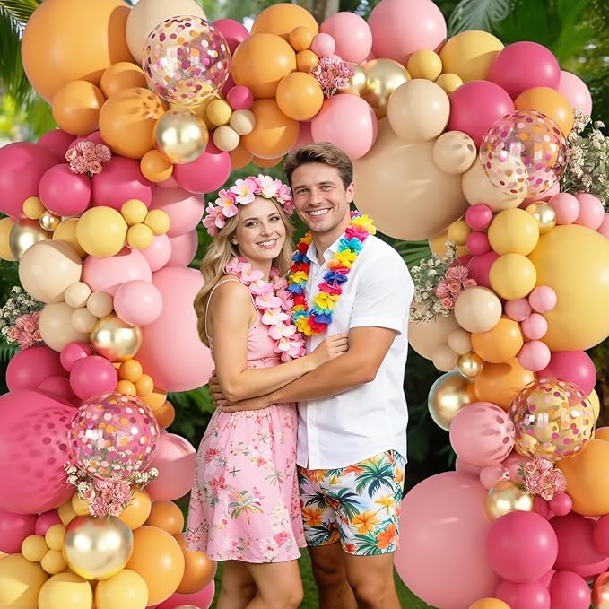 Ouddy Party 149Pcs Pink and Orange Balloon Garland Kit Different Sizes 18 12 10 5Inch, 6Pcs 18” Hot Pink Peach Metallic Gold Balloons for Summer Tropical Baby Shower Wedding Birthday Party Decor