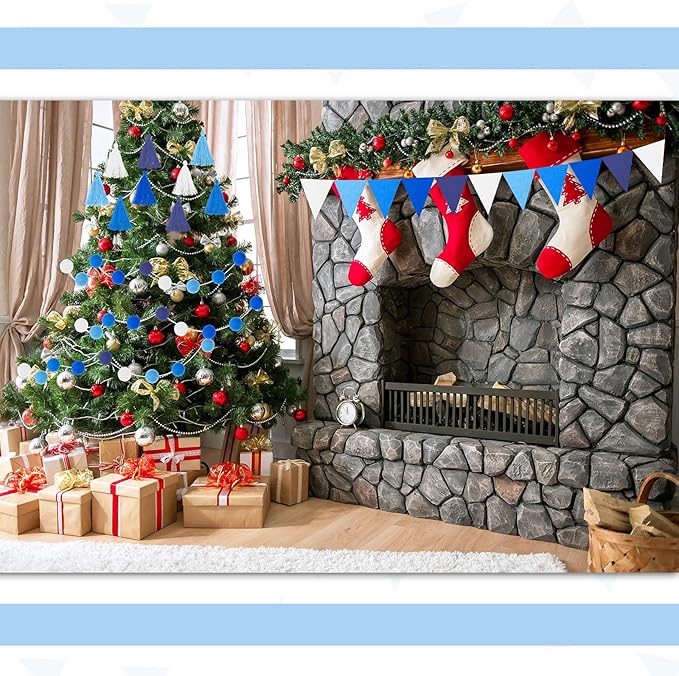 Irenare 9.8 ft Pom Pom Garland Felt Rainbow Garland 2026 Graduation Party Decoration Colorful Pennant Tassel Banner Back to School Birthday Triangle Banner for Classroom School Mantel(Blue)