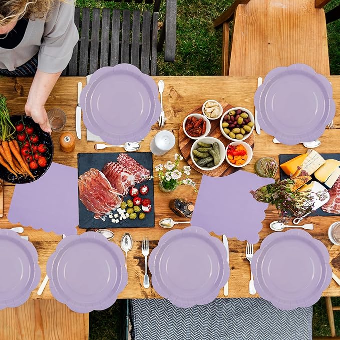 75 PCS Purple Paper Plates and Napkins Party Supplies, Light Purple Scalloped Plates Napkins Forks Disposable Tableware Set for Bridal Baby Shower Wedding Birthday Party Decorations