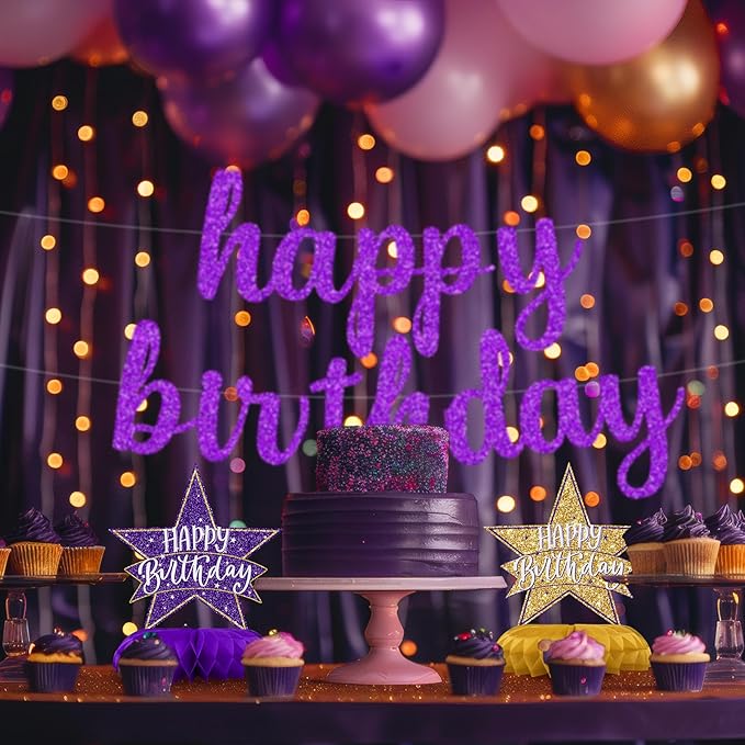 Purple and Gold Birthday Decorations – 12PCS Honeycomb Table Centerpieces for Women Adults – Happy Birthday Table Decor Party Supplies