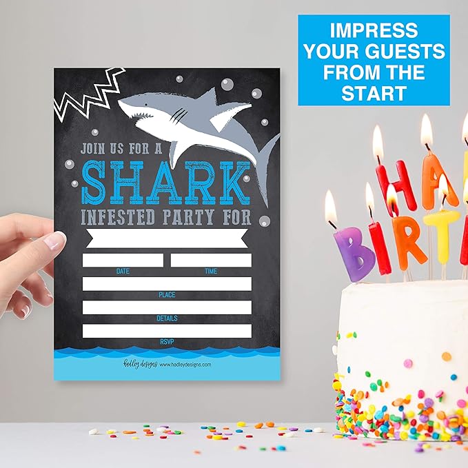Hadley Designs Kids Birthday Invitations For Boys Shark Theme - 25 Shark Birthday Party Invitations For Boys, Sea Creature Invites For Boy, Cute Ocean Party Supplies, Made In USA