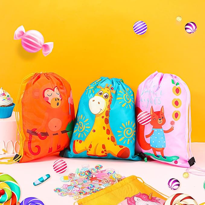 GliCraft 16 Pcs Animal Drawstring Gift Bags for Kids Cartoon Animal String Backpack Party Favor Bags for Halloween Birthday Holiday Baby Shower Supplies