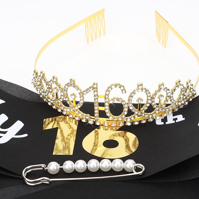 CAVETEE Gold Birthday Crown and Tiara for Women, Sash for Girls - Birthday Party Decoration