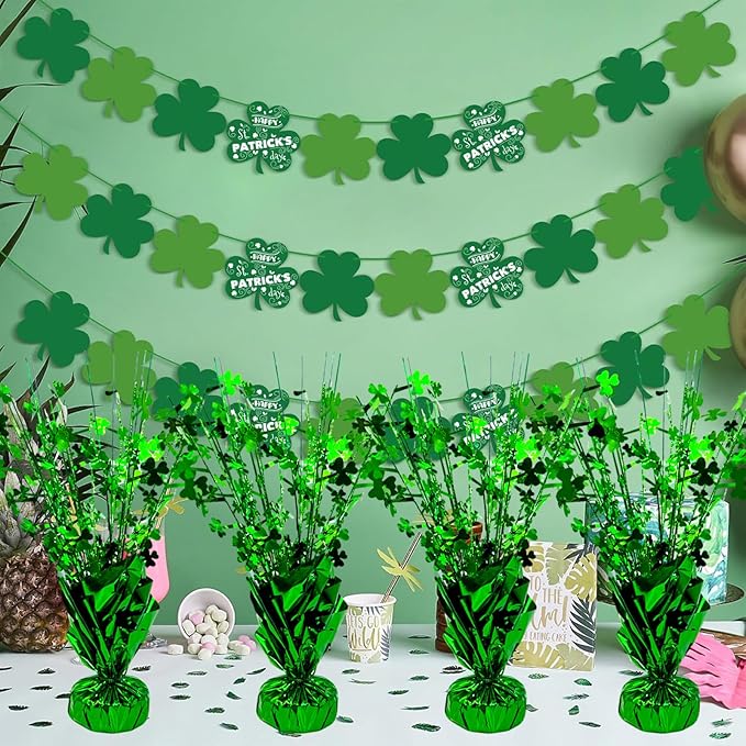FUBININA 6 PCS St Patrick's Day Decoration Glitter Shamrock Metallic Foil Spray Centerpieces Lucky Clover Green Tabletop Decor for Irish St Patty's Day Birthday Wedding Home Party Supplies