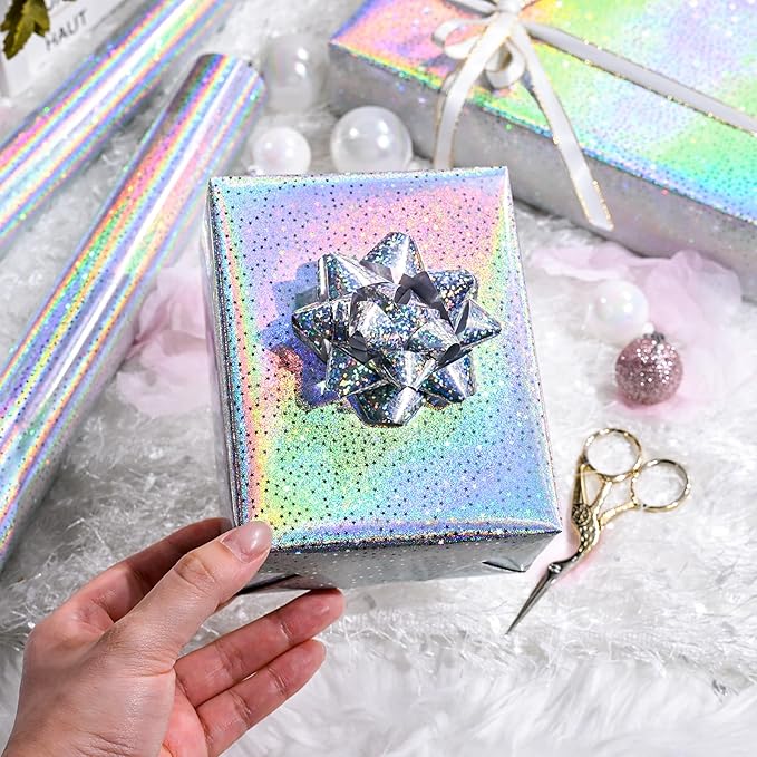 Burymento Silver Wrapping Paper Roll, Metallic Holographic Star Gift Wrap for Birthday, Valentines, Mothers day, Graduation, Wedding, Fathers day, Baby Shower, Christmas (17 IN x 32.8 FT)