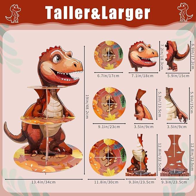 Dinosaur Cupcake Stand, 3 Tire Cupcake Stand Holder Dinosaur Themed Cup Cake Display Stand Dessert Tower Tiered Tray Stand for Kids Dinosaur Jungle Party Birthday Supplies (Dinosaur-1pcs)