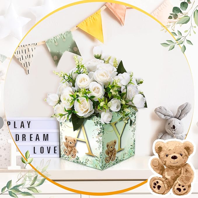 Bucherry 6 Pcs Baby Shower Centerpieces with Letters, 7" Baby Blocks Flower Boxes for Table Decorations, Gender Reveal Party Supplies & Photo Props(Green,Green Bear)