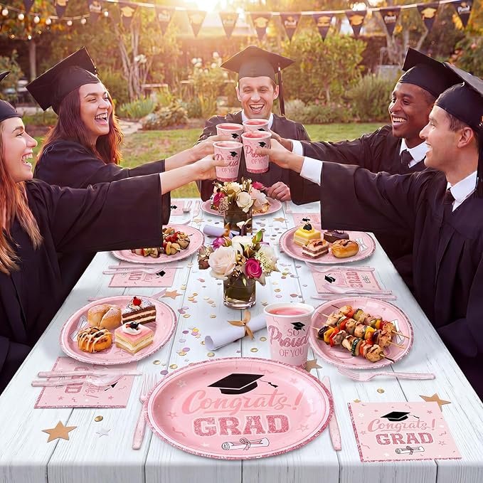 Pajean 350 Pcs Pink and Gold Graduation Decorations Class of 2026 Disposable 12 inch Oval Plates Napkins Heavy Duty Paper Oval Tableware Set for 50 Guests College High School Grad Party Supplies