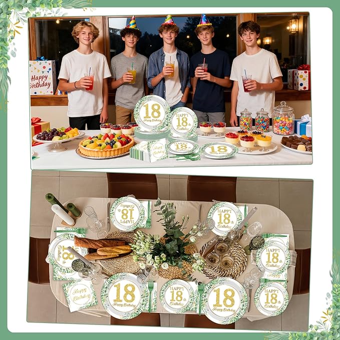 Qyeahkj 100 Pcs 18th Birthday Decorations Party Tableware Set Greenery Eucalyptus Paper Plates Sage Green Plates Forks and Napkins 18th Birthday Party Decors for 18 Years Girls Women Serve