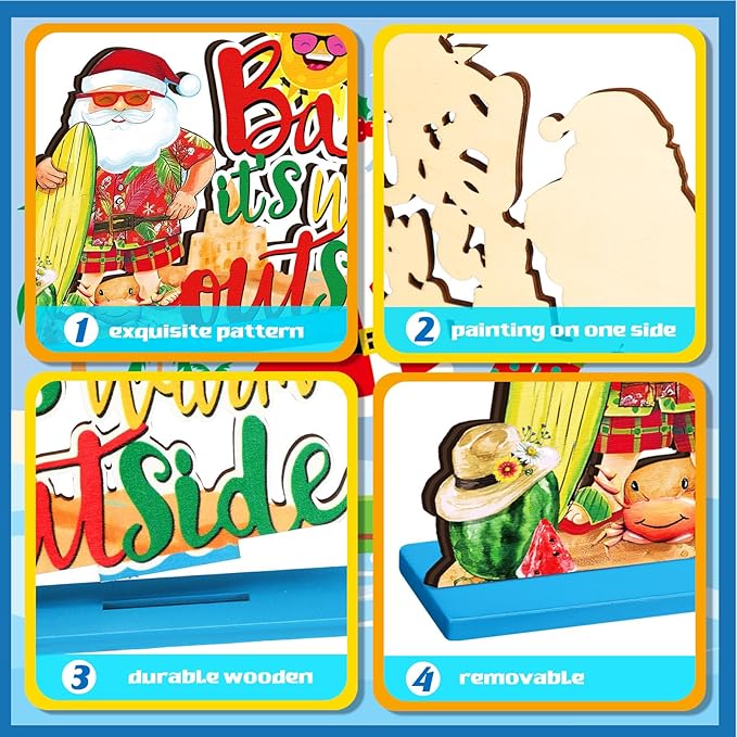 Suzile 6 Pcs Christmas in July Table Decoration July Summer Wooden Table Centerpieces Signs Santa Flamingo Palm Tree Theme Beach Party Decorations Home Table Desktop Favors Supplies