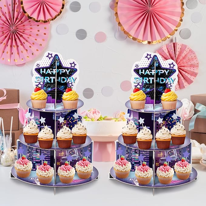 2Sets Singer Cupcake Stand Party Supplies - 3 Tier Summer Korean Pop Singer Happy Birthday Party Cupcake Tower Table Decoration Musical Fan Theme Dessert Tray Holder Cake Stands for Girl Women