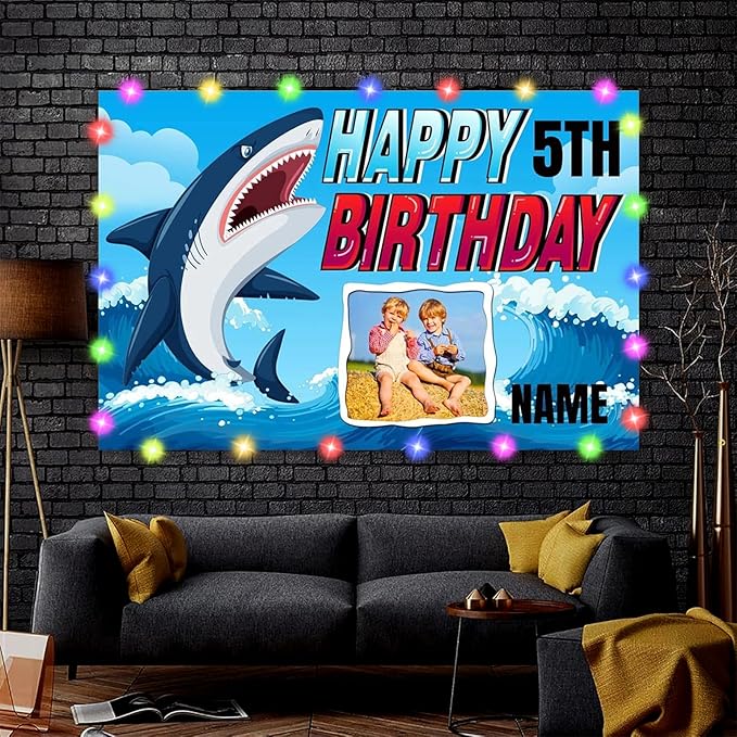Dicodes Custom Shark Happy Birthday Party Decorations Supplies Personalized Shark Ocean Themed Birthday Backdrop Banner