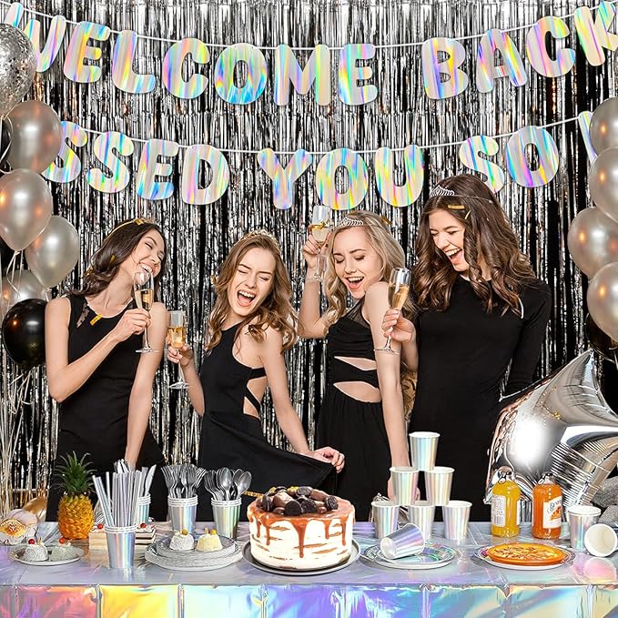 Iridescent Welcome Back We Missed You So Much Banner, Holographic Welcome Back Decorations, Pre-Strung Welcome Home sign for Office Party, Family Gathering, Back to School, Military Homecoming