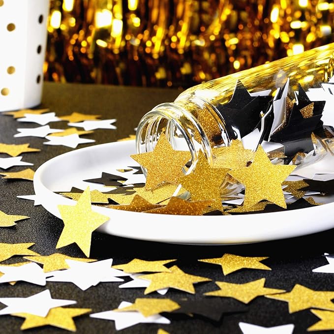 300pcs Black White Gold Confetti,Glitter Paper decor Twinkle Little Star Table Confetti,Birthday Graduation 2025 Fathers Day Wedding Baby Shower Party Decorations Circle Dots Lasting Surprise